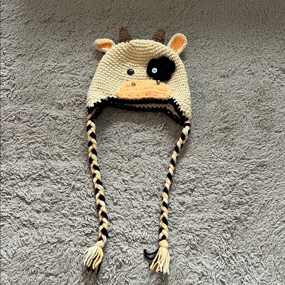 Cute Cow Knit Hat with Braids